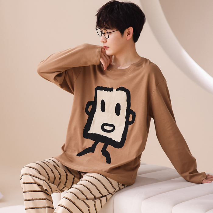 91家纺网 家纺一手货源 找家纺 春秋季纯棉圆领睡衣男士卡通长袖家居服夏季青少年休闲可外穿套装 673男