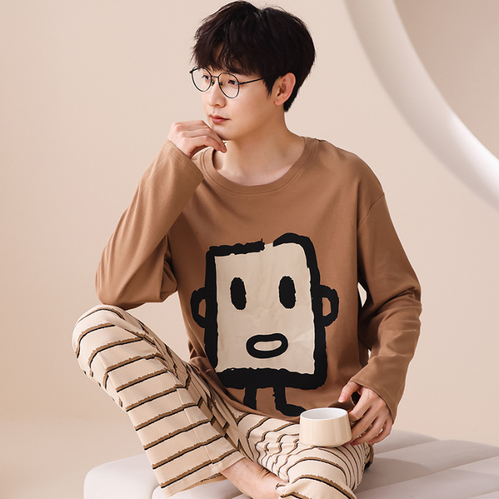 91家纺网 家纺一手货源 找家纺 春秋季纯棉圆领睡衣男士卡通长袖家居服夏季青少年休闲可外穿套装 673男