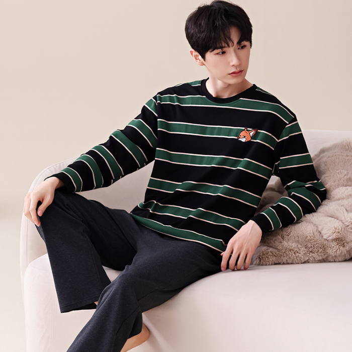 91家纺网 家纺一手货源 找家纺 春秋季纯棉圆领睡衣男士卡通长袖家居服夏季青少年休闲可外穿套装 676男