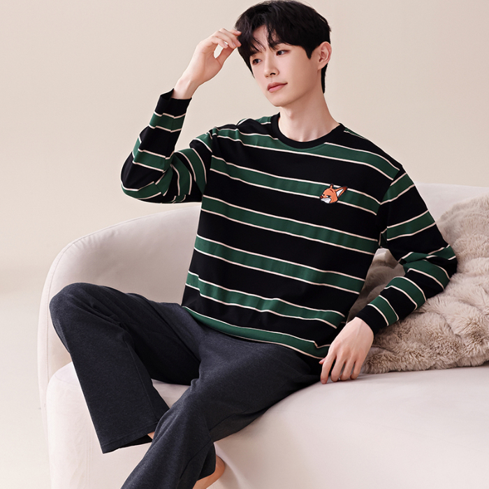 91家纺网 家纺一手货源 找家纺 春秋季纯棉圆领睡衣男士卡通长袖家居服夏季青少年休闲可外穿套装 676男