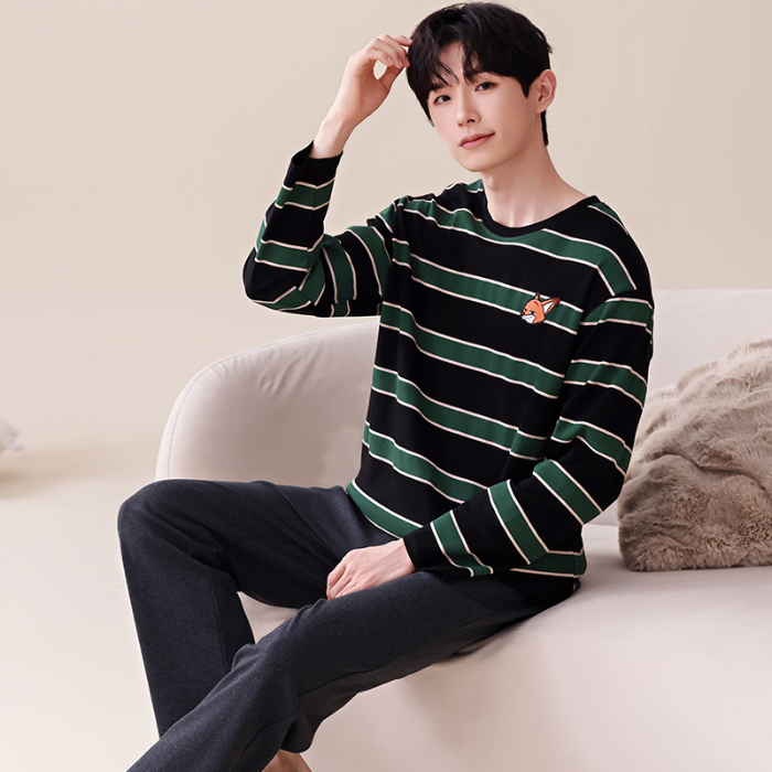 91家纺网 家纺一手货源 找家纺 春秋季纯棉圆领睡衣男士卡通长袖家居服夏季青少年休闲可外穿套装 676男