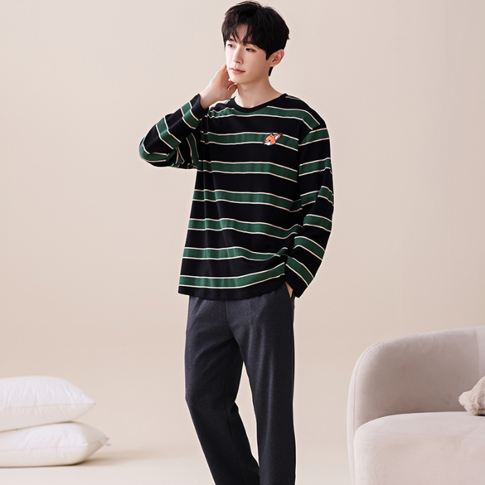 91家纺网 家纺一手货源 找家纺 春秋季纯棉圆领睡衣男士卡通长袖家居服夏季青少年休闲可外穿套装 676男