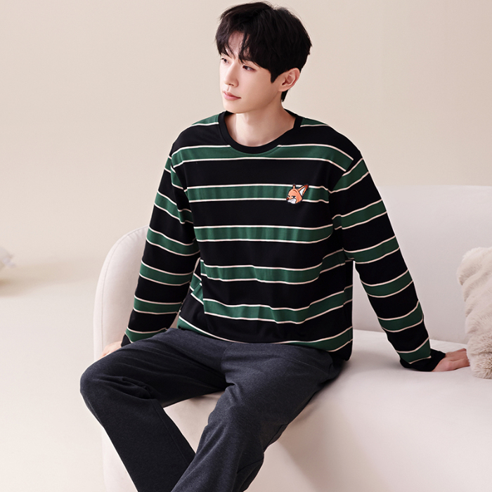 91家纺网 家纺一手货源 找家纺 春秋季纯棉圆领睡衣男士卡通长袖家居服夏季青少年休闲可外穿套装 676男