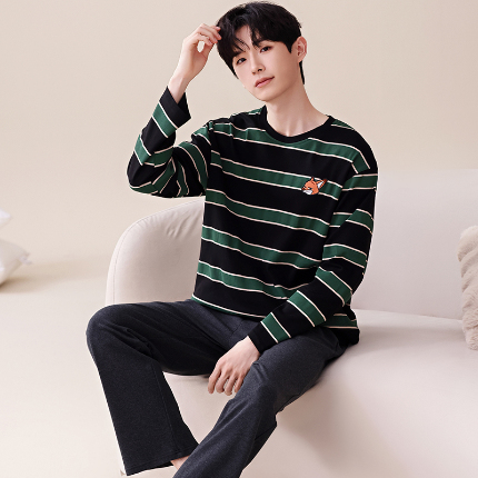 春秋季纯棉圆领睡衣男士卡通长袖家居服夏季青少年休闲可外穿套装 676男