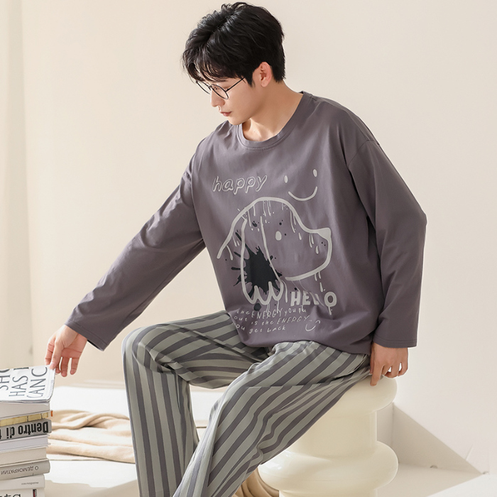91家纺网 家纺一手货源 找家纺 春秋季纯棉圆领睡衣男士卡通长袖家居服夏季青少年休闲可外穿套装 683男