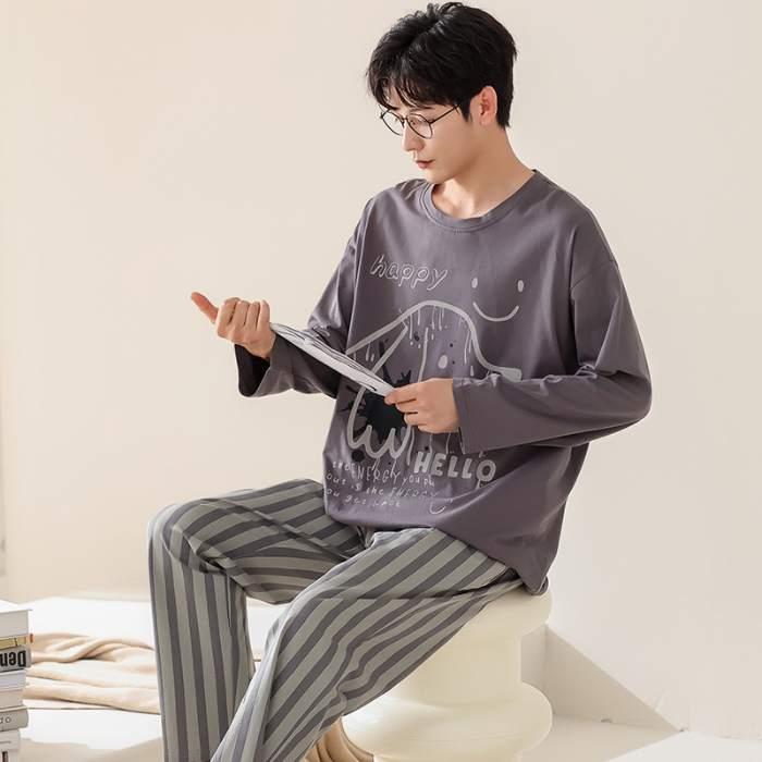 91家纺网 家纺一手货源 找家纺 春秋季纯棉圆领睡衣男士卡通长袖家居服夏季青少年休闲可外穿套装 683男