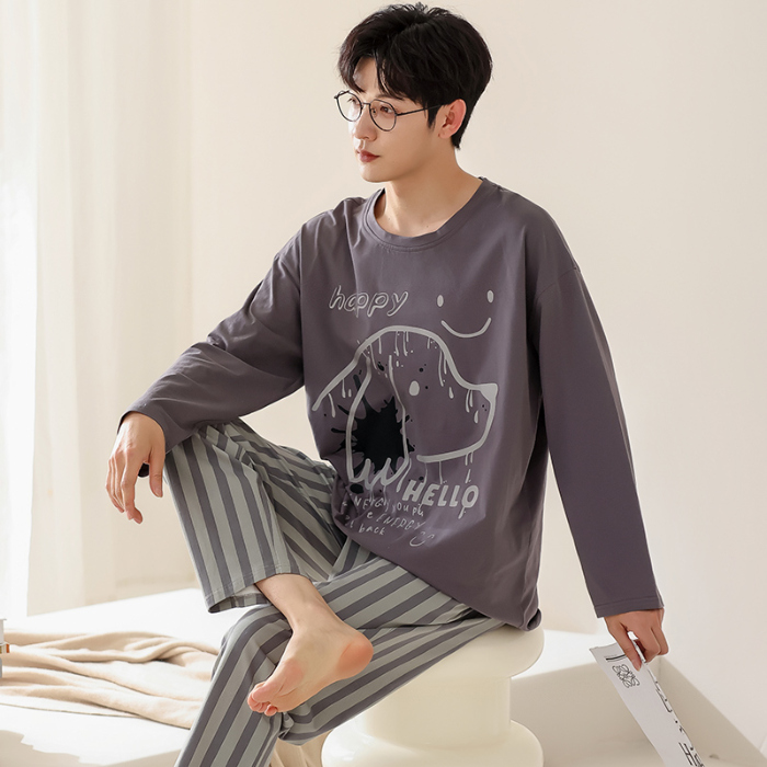 91家纺网 家纺一手货源 找家纺 春秋季纯棉圆领睡衣男士卡通长袖家居服夏季青少年休闲可外穿套装 683男