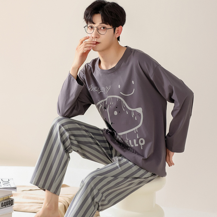91家纺网 家纺一手货源 找家纺 春秋季纯棉圆领睡衣男士卡通长袖家居服夏季青少年休闲可外穿套装 683男