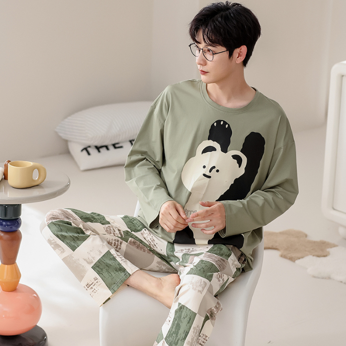 91家纺网 家纺一手货源 找家纺 春秋季纯棉圆领睡衣男士卡通长袖家居服夏季青少年休闲可外穿套装 690男