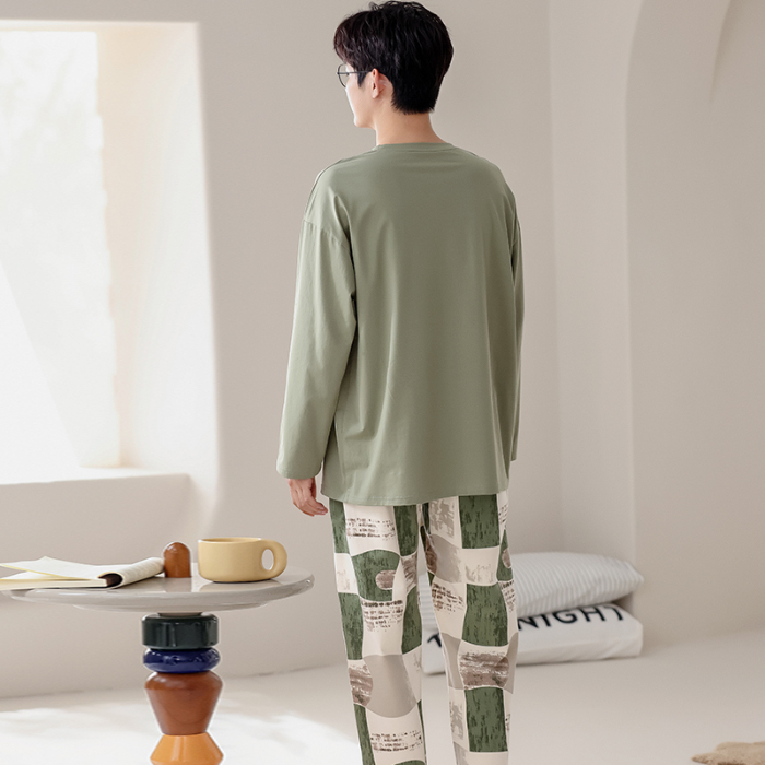 91家纺网 家纺一手货源 找家纺 春秋季纯棉圆领睡衣男士卡通长袖家居服夏季青少年休闲可外穿套装 690男