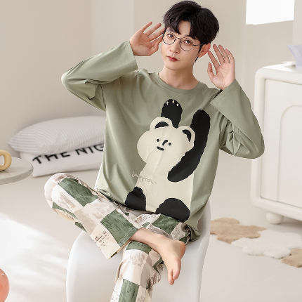 春秋季纯棉圆领睡衣男士卡通长袖家居服夏季青少年休闲可外穿套装 690男