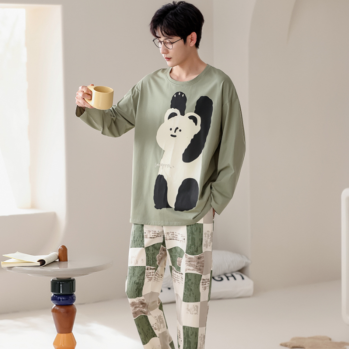91家纺网 家纺一手货源 找家纺 春秋季纯棉圆领睡衣男士卡通长袖家居服夏季青少年休闲可外穿套装 690男