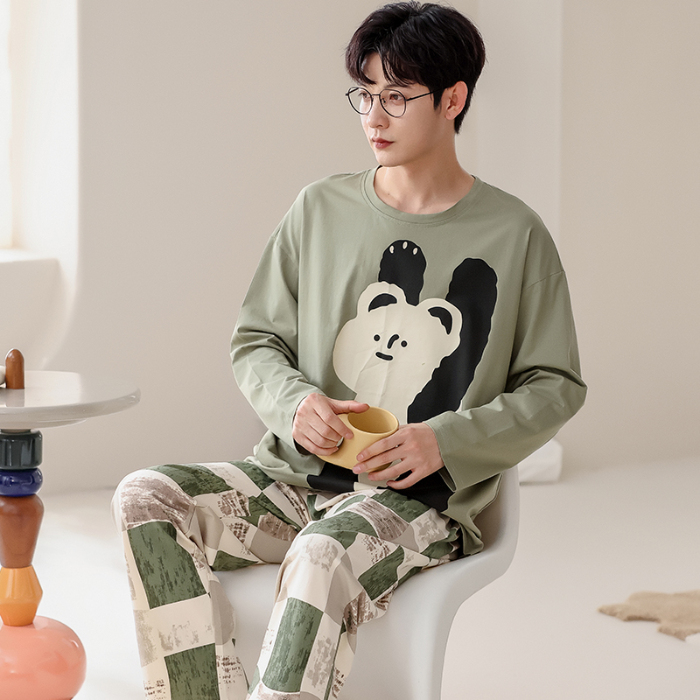 91家纺网 家纺一手货源 找家纺 春秋季纯棉圆领睡衣男士卡通长袖家居服夏季青少年休闲可外穿套装 690男