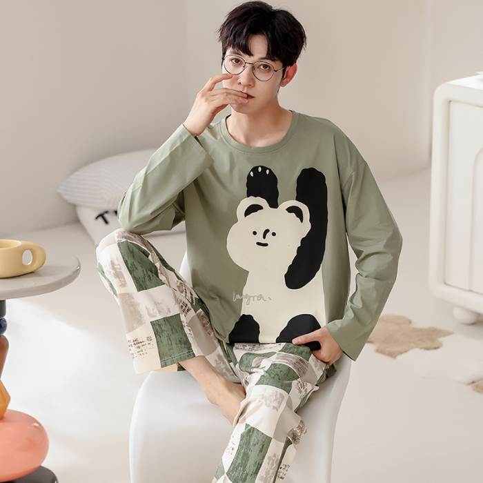 91家纺网 家纺一手货源 找家纺 春秋季纯棉圆领睡衣男士卡通长袖家居服夏季青少年休闲可外穿套装 690男