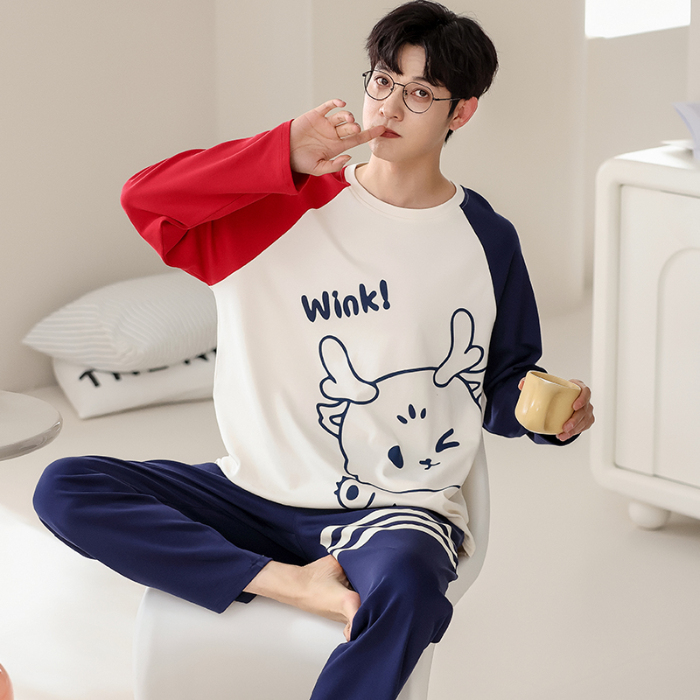 91家纺网 家纺一手货源 找家纺 春秋季纯棉圆领睡衣男士卡通长袖家居服夏季青少年休闲可外穿套装 700男