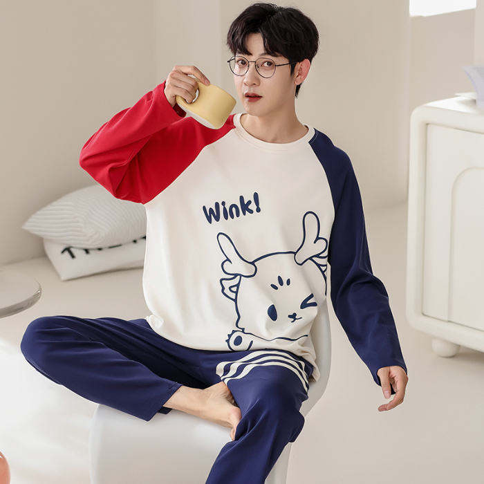 91家纺网 家纺一手货源 找家纺 春秋季纯棉圆领睡衣男士卡通长袖家居服夏季青少年休闲可外穿套装 700男