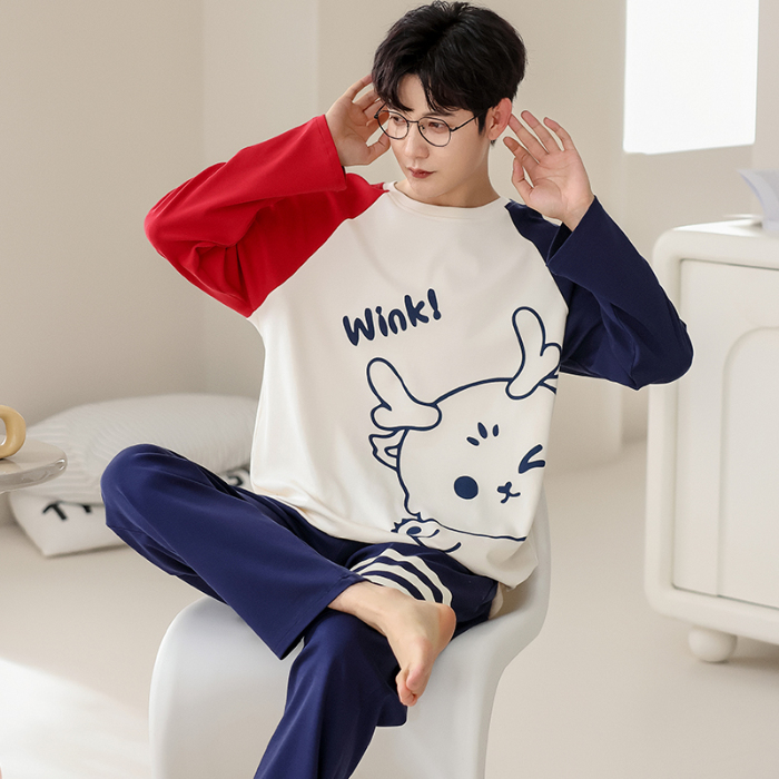 91家纺网 家纺一手货源 找家纺 春秋季纯棉圆领睡衣男士卡通长袖家居服夏季青少年休闲可外穿套装 700男