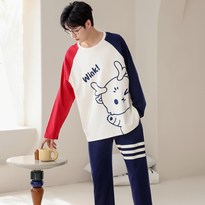 91家纺网 家纺一手货源 找家纺 春秋季纯棉圆领睡衣男士卡通长袖家居服夏季青少年休闲可外穿套装 700男