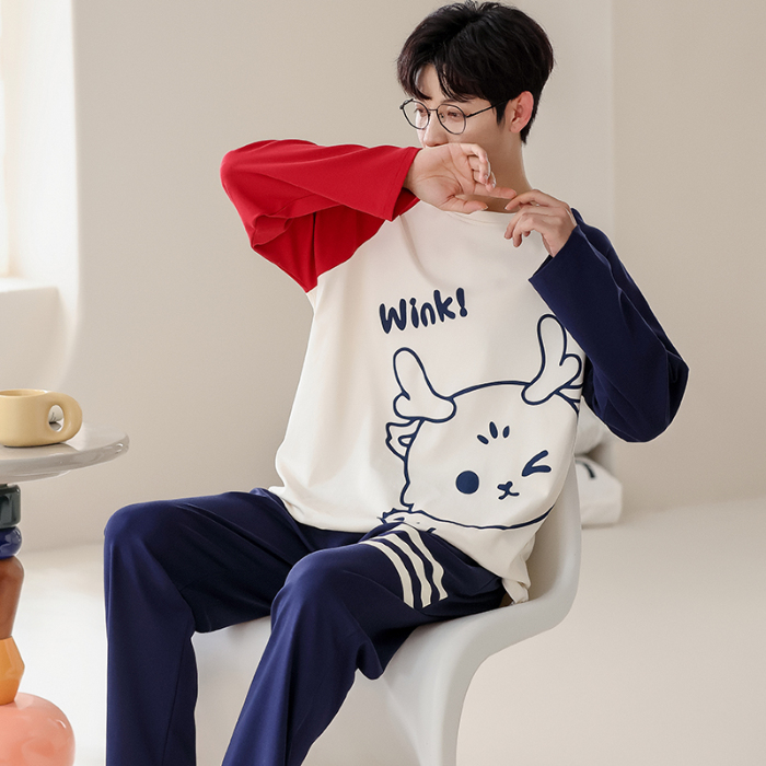 91家纺网 家纺一手货源 找家纺 春秋季纯棉圆领睡衣男士卡通长袖家居服夏季青少年休闲可外穿套装 700男