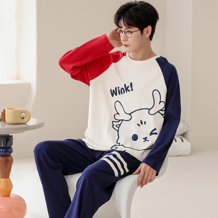 91家纺网 家纺一手货源 找家纺 春秋季纯棉圆领睡衣男士卡通长袖家居服夏季青少年休闲可外穿套装 700男