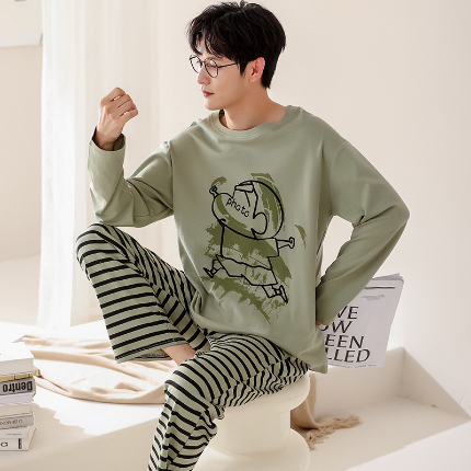 春秋季纯棉圆领睡衣男士卡通长袖家居服夏季青少年休闲可外穿套装 702男