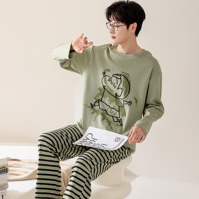 91家纺网 家纺一手货源 找家纺 春秋季纯棉圆领睡衣男士卡通长袖家居服夏季青少年休闲可外穿套装 702男