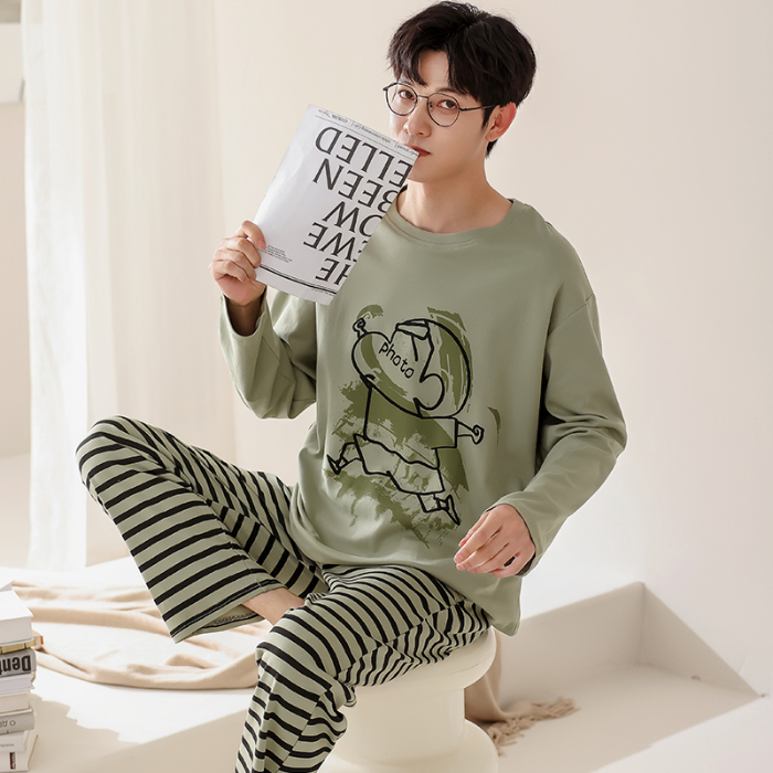 91家纺网 家纺一手货源 找家纺 春秋季纯棉圆领睡衣男士卡通长袖家居服夏季青少年休闲可外穿套装 702男