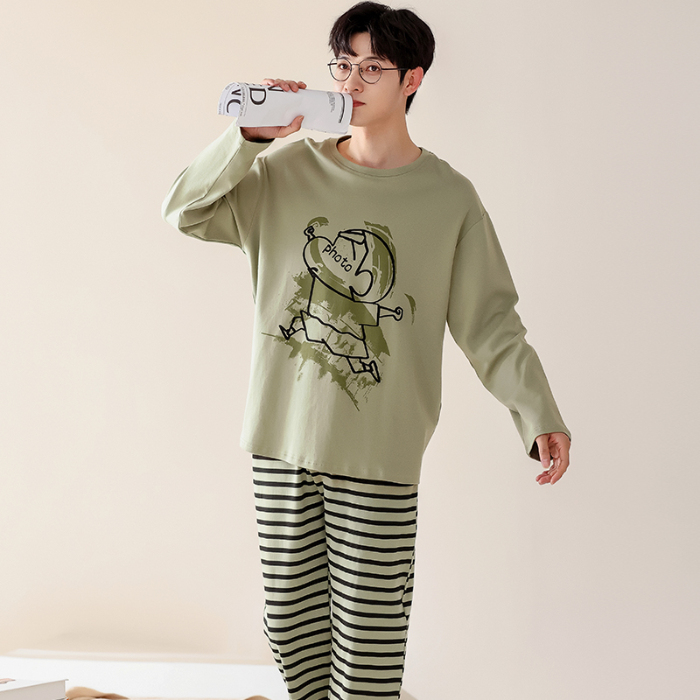 91家纺网 家纺一手货源 找家纺 春秋季纯棉圆领睡衣男士卡通长袖家居服夏季青少年休闲可外穿套装 702男