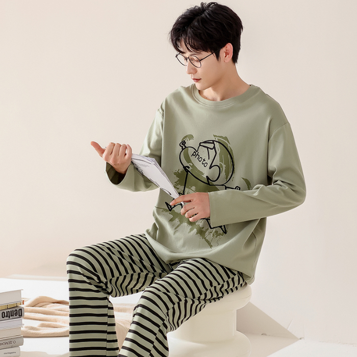 91家纺网 家纺一手货源 找家纺 春秋季纯棉圆领睡衣男士卡通长袖家居服夏季青少年休闲可外穿套装 702男