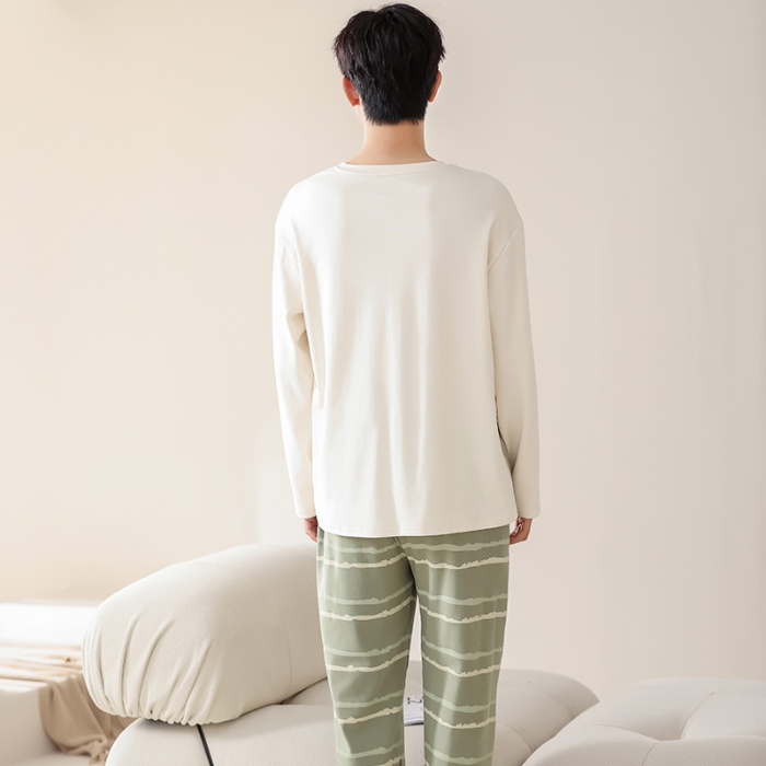 91家纺网 家纺一手货源 找家纺 春秋季纯棉圆领睡衣男士卡通长袖家居服夏季青少年休闲可外穿套装 713男