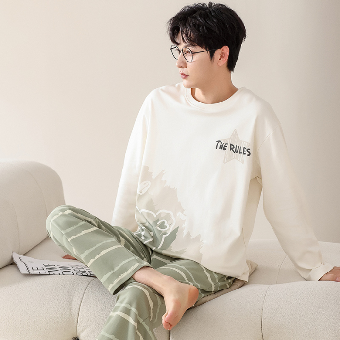 91家纺网 家纺一手货源 找家纺 春秋季纯棉圆领睡衣男士卡通长袖家居服夏季青少年休闲可外穿套装 713男