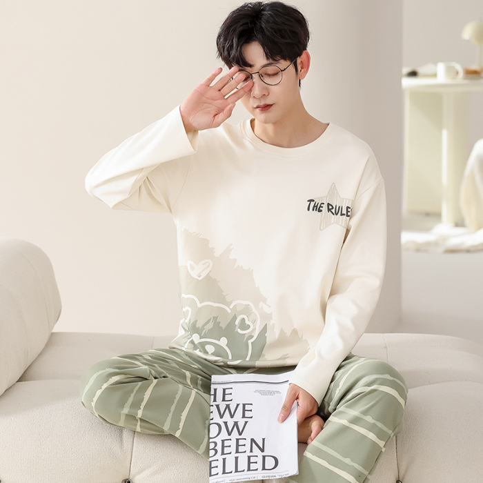 91家纺网 家纺一手货源 找家纺 春秋季纯棉圆领睡衣男士卡通长袖家居服夏季青少年休闲可外穿套装 713男