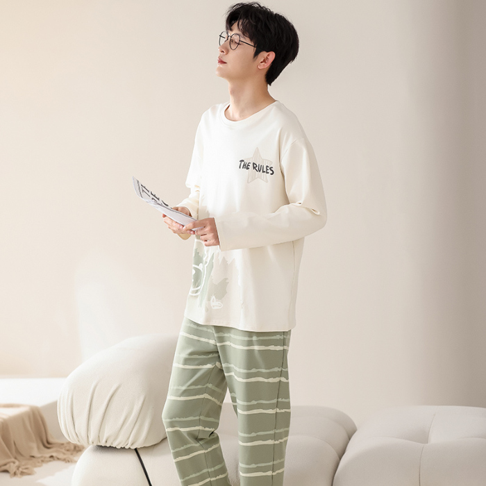 91家纺网 家纺一手货源 找家纺 春秋季纯棉圆领睡衣男士卡通长袖家居服夏季青少年休闲可外穿套装 713男