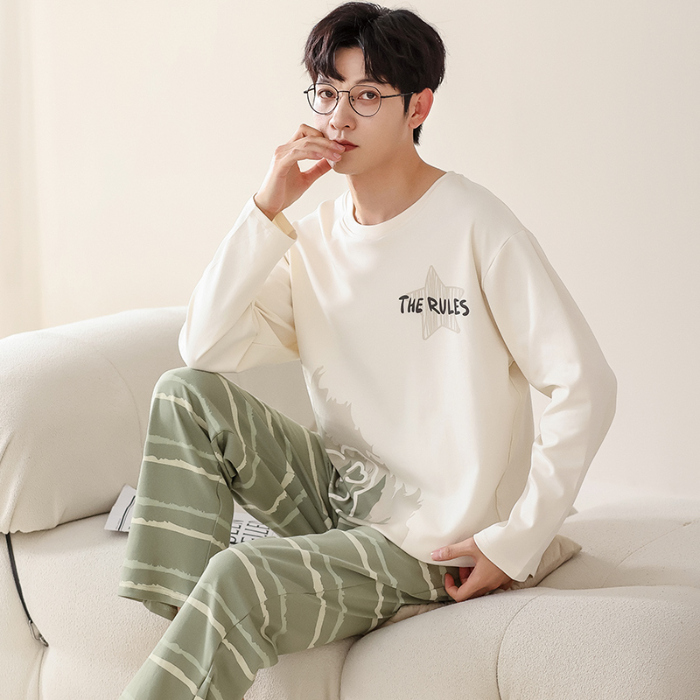 91家纺网 家纺一手货源 找家纺 春秋季纯棉圆领睡衣男士卡通长袖家居服夏季青少年休闲可外穿套装 713男