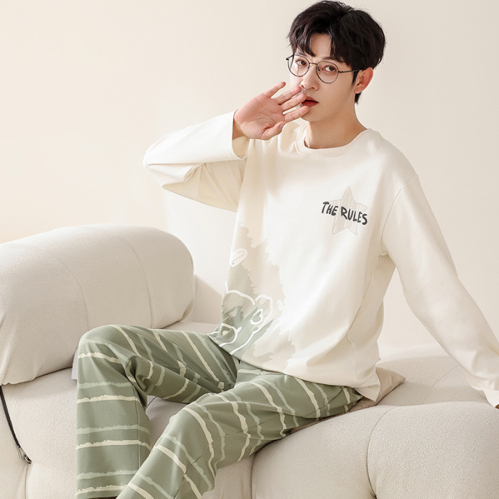 91家纺网 家纺一手货源 找家纺 春秋季纯棉圆领睡衣男士卡通长袖家居服夏季青少年休闲可外穿套装 713男