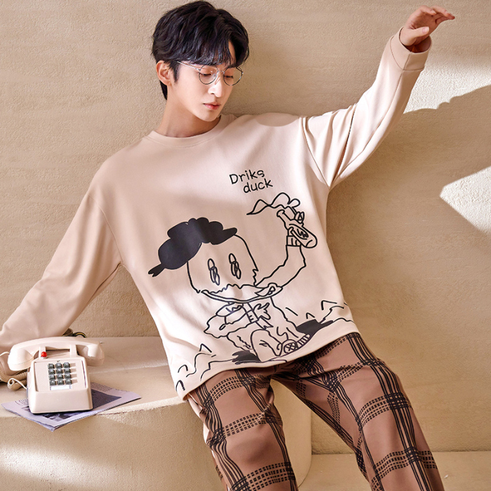 91家纺网 家纺一手货源 找家纺 春秋季纯棉圆领睡衣男士卡通长袖家居服夏季青少年休闲可外穿套装 89206