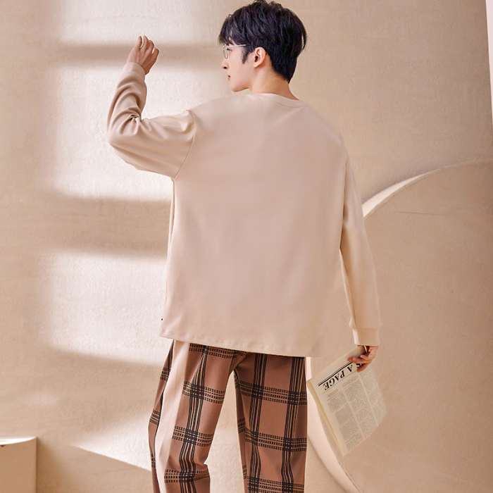 91家纺网 家纺一手货源 找家纺 春秋季纯棉圆领睡衣男士卡通长袖家居服夏季青少年休闲可外穿套装 89206