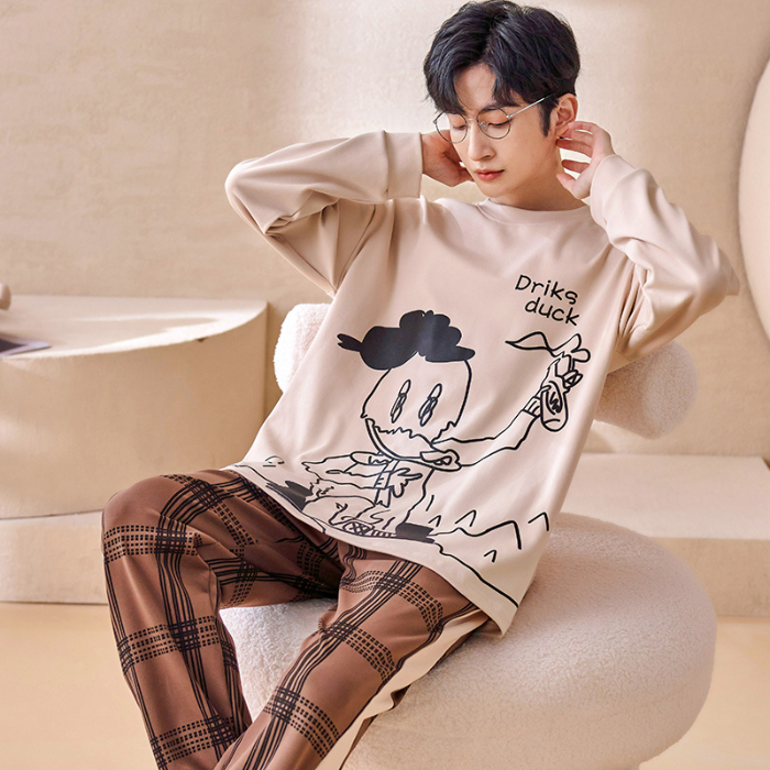 91家纺网 家纺一手货源 找家纺 春秋季纯棉圆领睡衣男士卡通长袖家居服夏季青少年休闲可外穿套装 89206