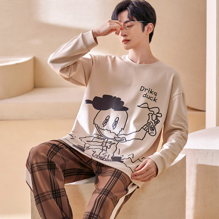91家纺网 家纺一手货源 找家纺 春秋季纯棉圆领睡衣男士卡通长袖家居服夏季青少年休闲可外穿套装 89206