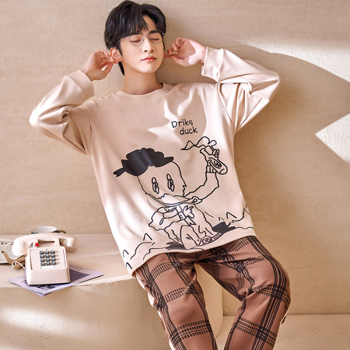 91家纺网 家纺一手货源 找家纺 春秋季纯棉圆领睡衣男士卡通长袖家居服夏季青少年休闲可外穿套装 89206