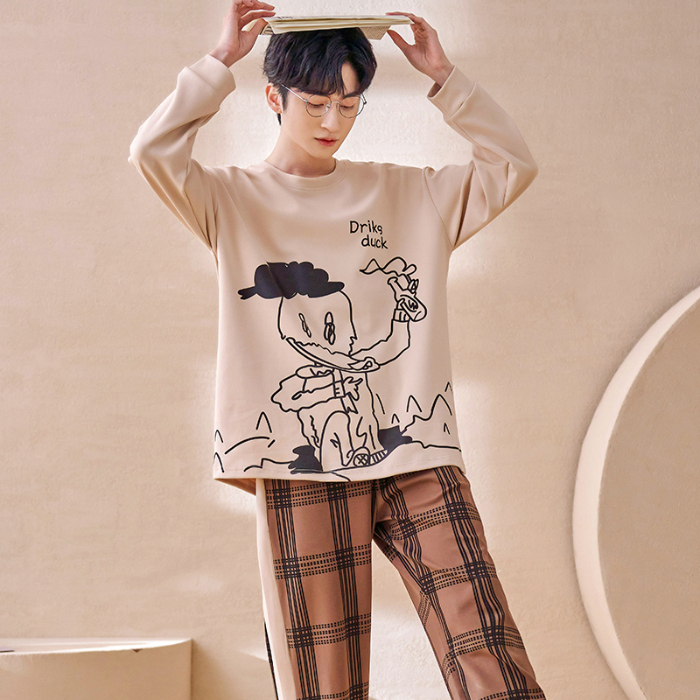 91家纺网 家纺一手货源 找家纺 春秋季纯棉圆领睡衣男士卡通长袖家居服夏季青少年休闲可外穿套装 89206