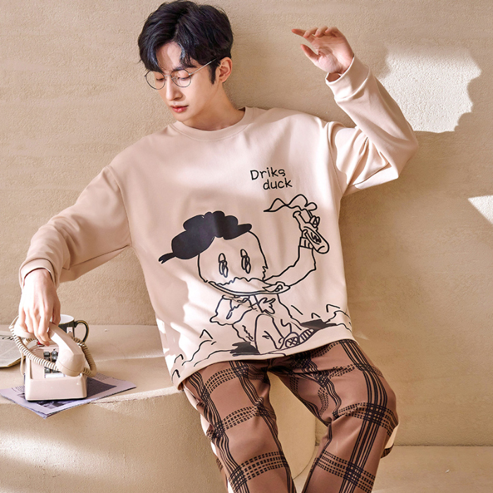 91家纺网 家纺一手货源 找家纺 春秋季纯棉圆领睡衣男士卡通长袖家居服夏季青少年休闲可外穿套装 89206