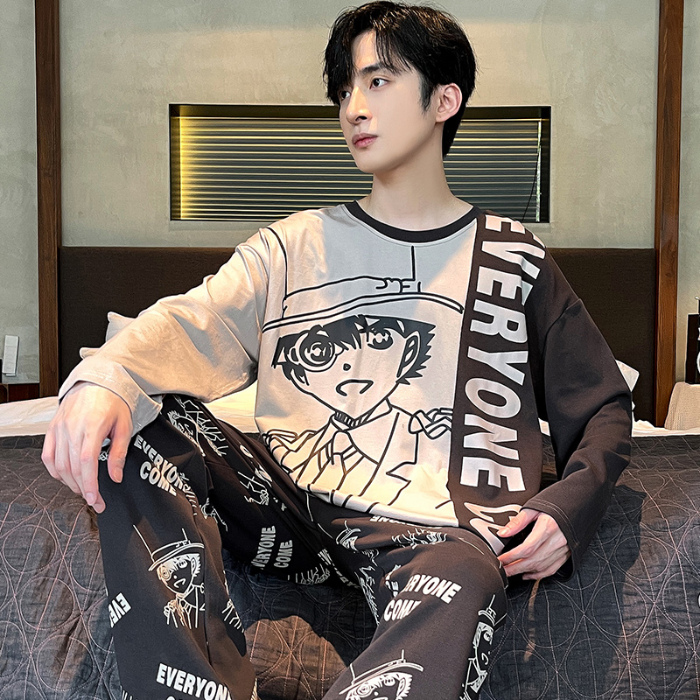 91家纺网 家纺一手货源 找家纺 春秋季纯棉圆领睡衣男士卡通长袖家居服夏季青少年休闲可外穿套装 89238