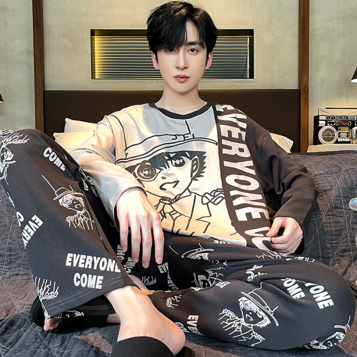 91家纺网 家纺一手货源 找家纺 春秋季纯棉圆领睡衣男士卡通长袖家居服夏季青少年休闲可外穿套装 89238