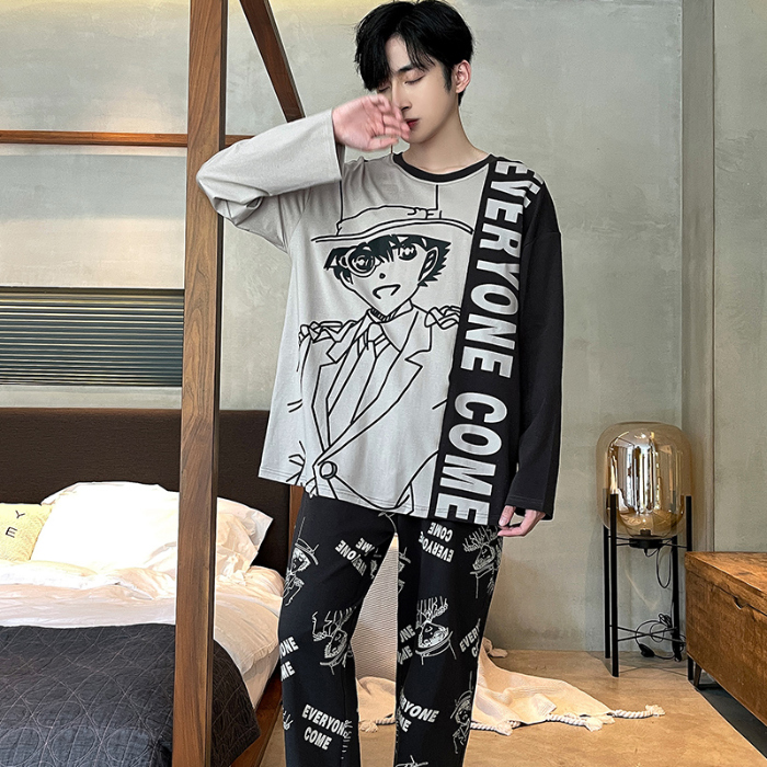 91家纺网 家纺一手货源 找家纺 春秋季纯棉圆领睡衣男士卡通长袖家居服夏季青少年休闲可外穿套装 89238