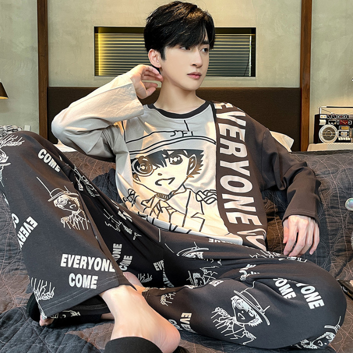 91家纺网 家纺一手货源 找家纺 春秋季纯棉圆领睡衣男士卡通长袖家居服夏季青少年休闲可外穿套装 89238