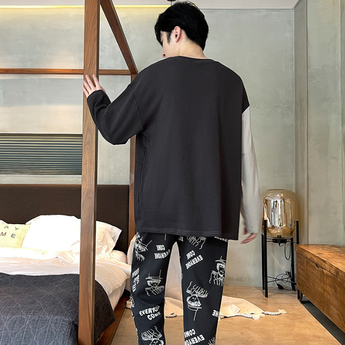 91家纺网 家纺一手货源 找家纺 春秋季纯棉圆领睡衣男士卡通长袖家居服夏季青少年休闲可外穿套装 89238