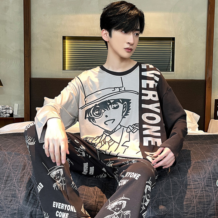 91家纺网 家纺一手货源 找家纺 春秋季纯棉圆领睡衣男士卡通长袖家居服夏季青少年休闲可外穿套装 89238