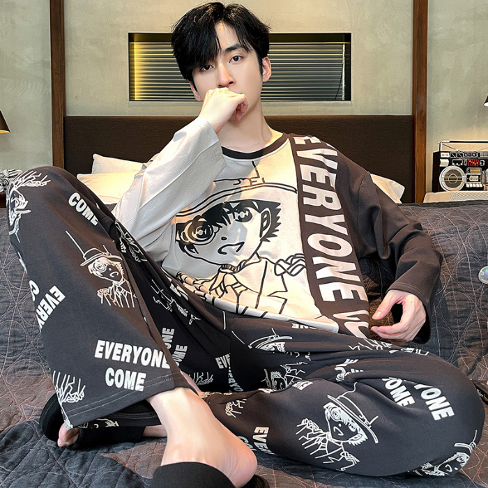 91家纺网 家纺一手货源 找家纺 春秋季纯棉圆领睡衣男士卡通长袖家居服夏季青少年休闲可外穿套装 89238