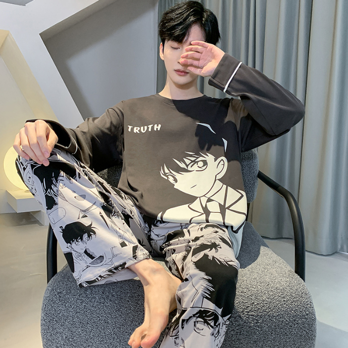 91家纺网 家纺一手货源 找家纺 春秋季纯棉圆领睡衣男士卡通长袖家居服夏季青少年休闲可外穿套装 89257